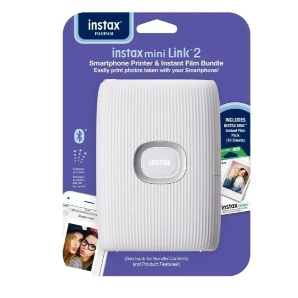 Fujifilm INSTAX Mini Link 2 Smartphone Printer Bundle + 10-Pack Film, Clay White